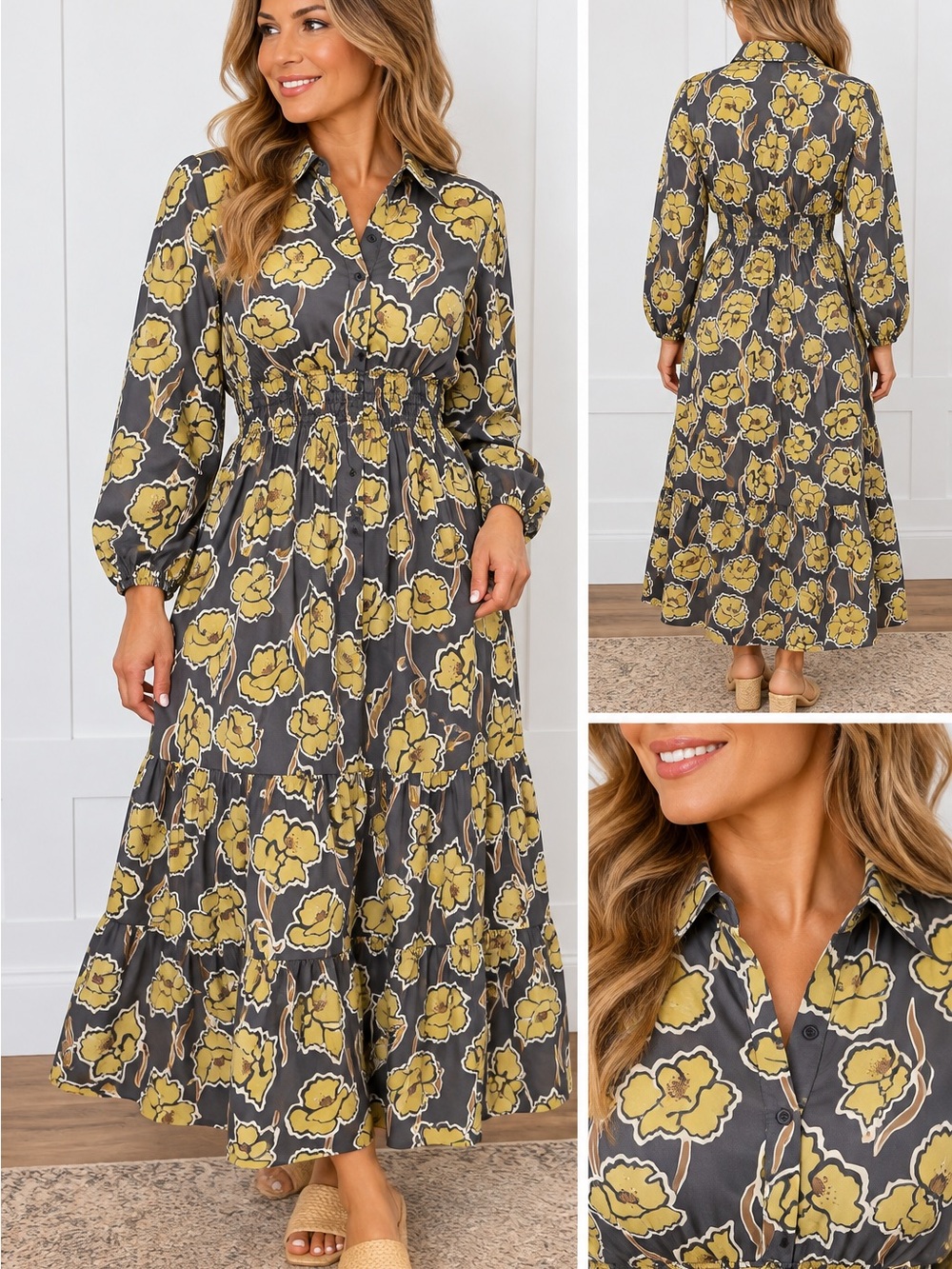 JODIFL Charcoal Maxi Dress with Yellow Floral Print